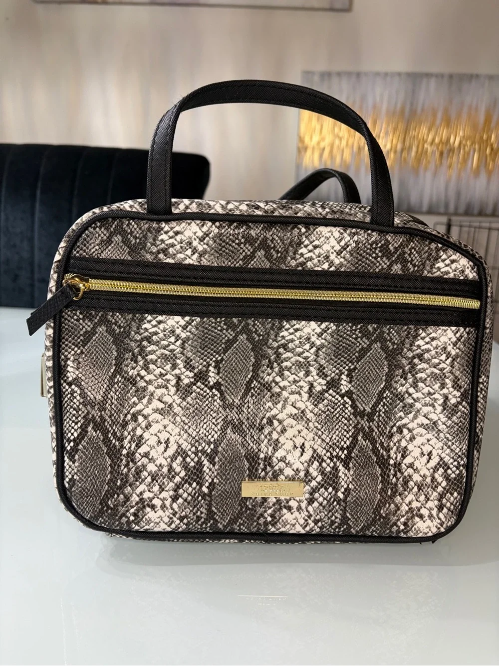 Trina Turk Black and Cream Snake-Print Cosmetic Case with Gold Zip